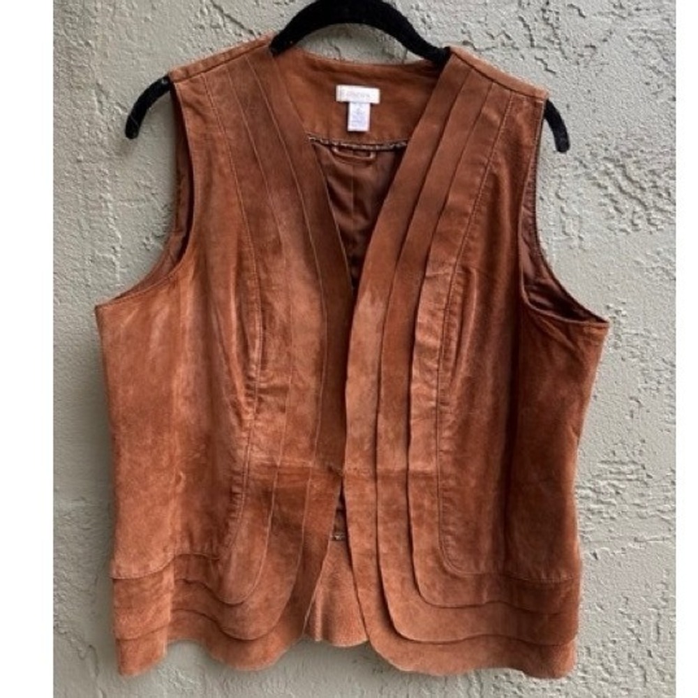 Chicos Womens Brown Suede Leather Pleated Vest LARGE Western Boho Layering